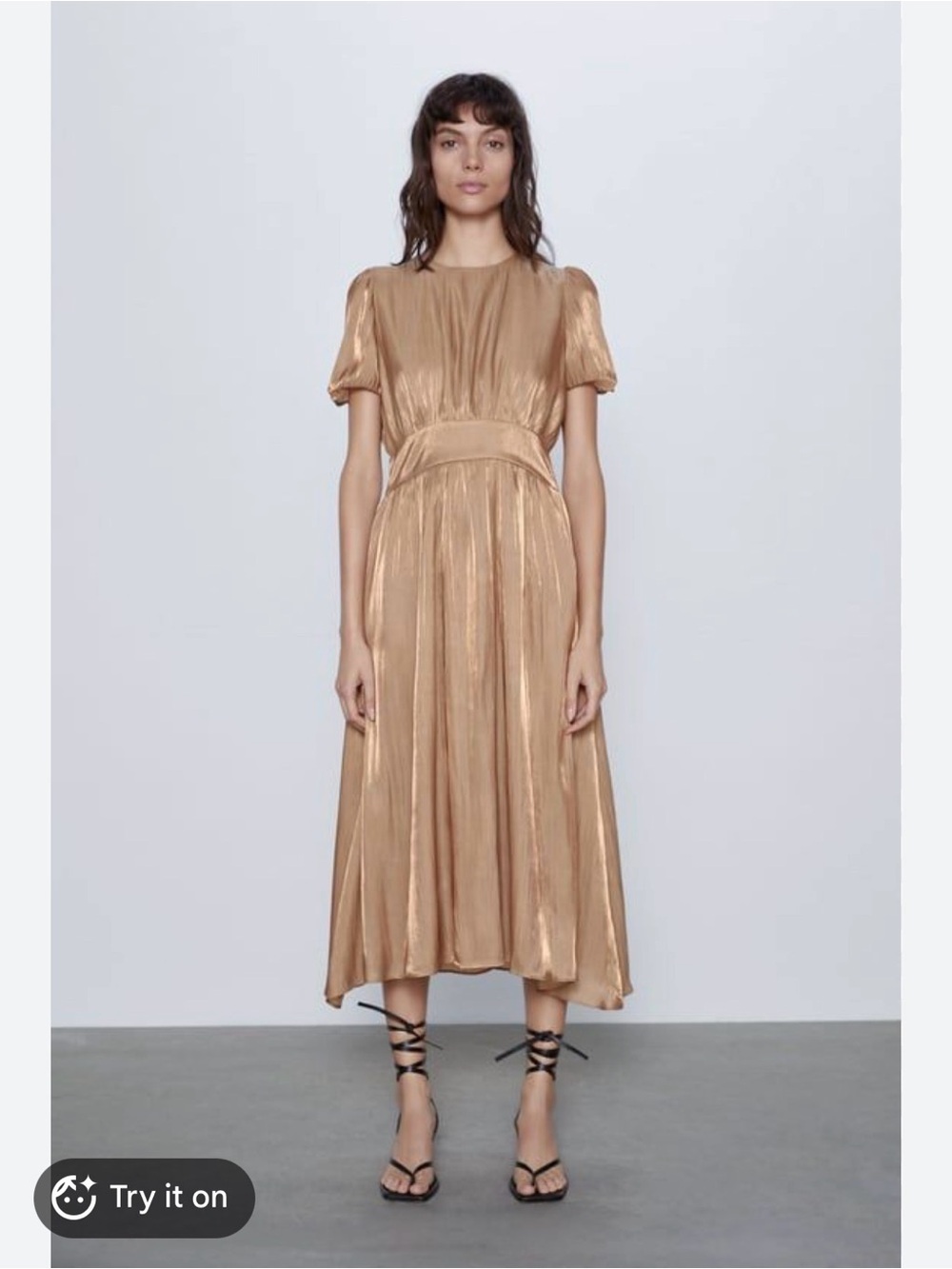 Zara Shimmering Gold Pleated Midi Dress